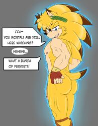 anthro apollo_(megasonic20) ass blue_eyes clothing english_text eulipotyphlan fur genitals gloves handwear hedgehog hi_res male male_only mammal megasonic20 muscular muscular_male nipples nude penis smile solo sonic_(series) sonic_the_hedgehog_(series) text yellow_body yellow_fur