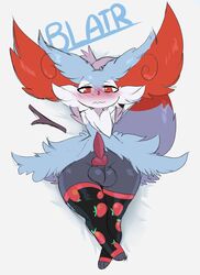 1boy absurd_res alternate_color animal_genitalia animal_penis anthro anthrofied blue_body blue_fur blush braixen canine_penis clothing erection fur furry girly hands_behind_head hi_res legwear looking_at_viewer lying_on_bed male male_only nintendo original_character penis pokémon_(species) pokemon pokemon_(species) pokemon_xy red_body red_fur solo testicles thigh_highs uromatsu video_games white_body white_fur