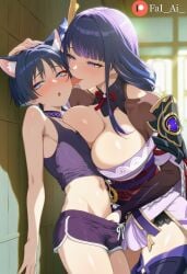 against_wall ai_generated assertive_female assertive_futa big_breasts blue_hair breast_press cleavage crop_top embracing fai_ai_ femboy from_side futanari genshin_impact harassment large_breasts leaning_forward licking long_hair masturbation penis_grab purple_eyes purple_hair raiden_shogun scaramouche_(genshin_impact) short_hair short_shorts shy size_difference skinny standing tongue