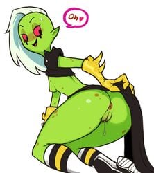 2020 absurd_res alien alien_girl anus ass big_butt biped bodily_fluids breasts clothing disney eyebrows eyelashes female footwear genital_fluids genitals gloves green_body green_skin hair handwear heart hi_res humanoid legwear looking_back lord_dominator mammal nipples nude presenting pussy pussy_juice reccand shoes simple_background smile socks solo speech_bubble thick_thighs wander_over_yonder white_hair wide_hips