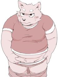 2018 anthro belly blush bodily_fluids canid canine canis domestic_dog furry genitals humanoid_hands kemono male male_only mammal meg_hoi overweight overweight_male shirt simple_background solo sweat topwear underwear white_background