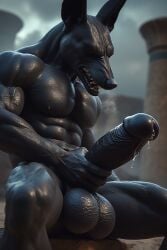 3d abs ai_generated anthro anthro_only anubian_jackal anubis balls big_glans canine closed_eyes drooling egyptian egyptian_mythology furry furry_only furrypornaddiction glans hand_on_penis huge_balls huge_cock hyper hyper_penis jackal masturbating masturbation monster muscular muscular_male nipples penile_masturbation penis precum saliva sharp_teeth solo solo_anthro solo_male teeth