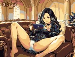ai_assisted ai_generated animated animation aseprite_(artwork) black_hair gigatsu limited_palette nintendo_switch panties pixel_animation pixel_art playing_videogame seductive seductive_eyes spread_legs the_witcher_(series) twitching yennefer