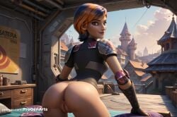 1girls ai_generated anus armor artist_name ass black_gloves bottomless breasts brown_eyes building cloud disney_xd elbow_pads female fingerless_gloves from_behind gloves hi_res leaning_forward leotard lips looking_at_viewer looking_back lucasfilm makeup medium_breasts mole mole_under_eye multicolored_hair nose orange_hair outdoors progenarts pussy sabine_wren short_hair shoulder_armor sky smile solo star_wars star_wars_rebels two-tone_hair uncensored