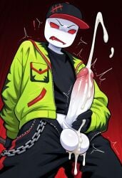 1boy ai ai_generated bald balls ballsack baseball_cap big_penis block_tales chains clothed clothed_masturbation cum cumming ejaculating_cum ejaculation erection excessive_cum exclamation_mark fangs gloves green_jacket griefer_(block_tales) hat holding_penis jacket jacking_off large_penis low-angle_view male male_focus male_only masturbating masturbation open_clothes penis red_eyes red_fangs red_sclera red_teeth roblox roblox_game robloxian throbbing_penis trembling unzipped_pants white_skin white_skinned_male
