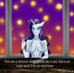 anthro bedroom_eyes big_breasts blue_hair blue_nails blush date date_night detailed_background dress english_text eyeshadow first_date_kinda_nervous friendship_is_magic horse_girl jewelry long_fingernails long_hair makeup meme meme_reference my_little_pony nipple_bulge nipples_visible_through_clothing pony_girl purple_hair rarity_(mlp) revealing_clothes revealing_dress smile smiling smiling_at_viewer steelknigh table text unicorn unicorn_girl unicorn_horn watermark white_body white_fur white_skin wine wine_glass