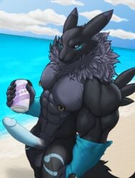 abs anthro areola balls bandai_namco beach beverage_can biceps body_hair cloud crotch_tuft deltoids digimon digimon_(species) erection genitals happy_trail hi_res humanoid_genitalia humanoid_penis looking_at_viewer male muscular muscular_anthro muscular_male neck_tuft nipple_piercing nipples obliques pecs penis piercing quads renamon sand smile solo standing triceps tuft v-cut water zwolf