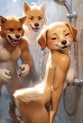 2026 ai_animated ai_animation ai_generated animated anthro ass bird_dog blush breasts brown_eyes canid canine canis domestic_dog female fur furry golden_retriever group hi_res hunting_dog imminent_sex male male/female mammal navel nipples nude presenting presenting_hindquarters retriever seductive shaking_butt short_playtime shower showering silverlynx smile standing tagme tail tail_motion tailwag trio video water wet wet_body wet_fur