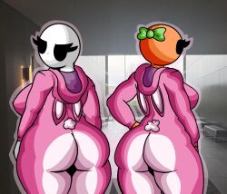 2girls ass ass_focus bald bald_female black_eyes breasts bunny_ears bunny_onesie bunny_tail chetoh claire_(chetoh) egg female female_focus female_only leaf leaf_hair looking_back_at_viewer mandy_(chetoh) oc onesie orange orange_body original original_character photo_background rear_view smile smiling smiling_at_viewer white_body
