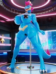 2026 3:4 3d_(artwork) absurd_res anthro areola big_breasts blue_body blue_eyes breasts collar collar_only dancing digital_media_(artwork) female feraligatr furry_ghosty generation_2_pokemon hi_res huge_breasts maebari multicolored_body nintendo nipple_tape nude pasties pink_areola pink_body pokeball pokeball_collar pokemon pokemon_(species) pole pole_dancing solo stripper stripper_pole tan_body tape thick_thighs wide_hips yuki_(evov1) yukigatr_(evov1)