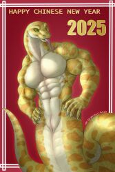 2025 2:3 abs animal_genitalia anthro apode biceps chinese_new_year chinese_zodiac claws deltoids draconcopode english_text forearm_muscles forked_tongue genital_slit genitals hi_res holidays legless long_tongue looking_aside male markings muscular muscular_anthro muscular_male naga obliques one_eye_closed pecs reptile scales scalie serpentine serratus snake solo spots spotted_arms spotted_body spotted_face spotted_hips spotted_markings spotted_scales spotted_shoulders spotted_tail tail tail_markings text tongue tongue_out trapezius triceps v-cut wink year_of_the_snake yellow_body yellow_scales zwolf