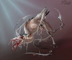 avian avian_demon bandage bandage_on_face bandaged_arm beak bird bird_demon black_body black_claws black_feathers black_legs blade blade_arm blade_tail blood blood_in_mouth blood_on_eye blood_on_face blood_on_penis bodily_fluids claws demon demon_bird_(firael) eyeless feathers feral firael genitals hi_res long_tongue male monster mythological_creature mythology open_beak open_mouth penis pink_body red_tongue saliva saliva_on_tongue smooth_skin solo teeth teratophilia tongue tongue_out white_beak
