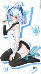 1girls absurdres ahoge ass black_dress black_thighhighs blue_eyes blue_hair breasts commentary dress electric_plug english_commentary facial_mark female food heterochromia highres indie_virtual_youtuber legs looking_at_viewer melting_popsicle popsicle sayu_sincronisity short_hair small_breasts takoroki tattoo thighhighs thighs two-tone_dress virtual_youtuber vtuber white_dress yellow_eyes