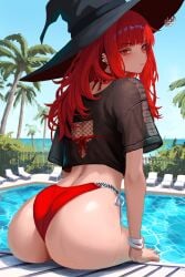 big_butt female female_only looking_at_viewer looking_back original_character poolside red_eyes red_hair shiny_skin witch_hat yan_kodiac