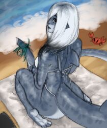 1girls beach bikini blue_body blue_skin breasts clothed clothing crab duplicate ezium feet foot gray_body grey_body grey_skin higher_resolution_available inferior_version lips long_hair monster_girl shark_ears shark_girl shark_tail shiny_skin sole soles solo tagme tail violet_(ezium) white_bikini white_hair