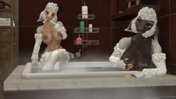16:9 3d_(artwork) 4k absurd_res anthro bathroom bathtub bite bovid caprine crossed_legs digital_media_(artwork) duo fasz female female/female finger_bite finger_in_mouth green_eyes hi_res looking_at_viewer mammal nude purple_eyes sheep source_filmmaker_(artwork) steam widescreen