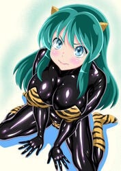 >:) -oni 1girls 2020 bikini black_bodysuit blue_eyes blush bodysuit breasts cleavage eyebrows_visible_through_hair fangs female female_only green_hair highres horns large_breasts latex long_hair looking_up lum nipple_bulge oni_horns rubber rubber_suit rui simple_background socks solo tagme thick_thighs thighs tiger_print tight_clothing urusei_yatsura