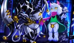 absurd_res anthro bodily_fluids bulge clothing delta_rune_(emblem) deltarune detailed_bulge duo femboy fur genital_fluids genital_outline genitals glistening glistening_body glistening_genitalia glistening_penis gold_underwear golden_clothing hi_res ichimoral jevil_(deltarune) latex male male/male penis penis_outline possessed possession precum pubes ralsei shortstack shortstack_male silver_body symbol thong tight_thong tight_underwear undertale undertale_(series) underwear white_body white_fur