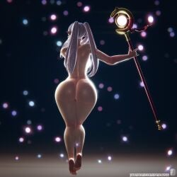 1girls 3d back_view barefoot big_ass completely_nude_female curvy elevenendless endlessillusion feet floating frieren frieren_beyond_journey's_end holding_object nude_female staff white_hair