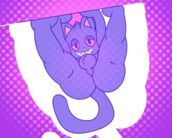 anthro ass balls cat_tail domestic_cat felid feline felis fenrik_(artist) fur gengar genitals grin male male_only mammal nintendo pokémon_(species) pokemon presenting presenting_balls presenting_hindquarters purple_background purple_body purple_fur purple_pupils red_sclera simple_background smile solo upside-down video_games