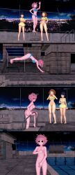 3d 3d_(artwork) accidental_exposure ass barefoot bikini black_hair black_sclera breasts brown_hair covering covering_breasts diving embarrassed_nude_female hintonphotos horns koikatsu_(medium) kyoka_jiro large_breasts mina_ashido my_hero_academia nipples nude_female pink_hair pink_skin pool pussy short_hair small_breasts swimsuit uraraka_ochako wardrobe_malfunction yellow_bikini