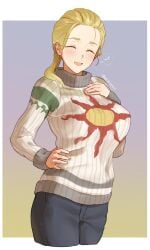 arushiato11 big_breasts blonde_hair blush closed_eyes dark_souls female female_only fromsoftware fully_clothed genderswap_(mtf) medium_hair ponytail rule_63 smile solaire_of_astora solo sweater turtleneck turtleneck_sweater