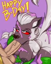 1boy 1girls 2026 4_fingers ass big_ass big_breasts birthday birthday_cake birthday_gift blind_peacock_(blindpeacockdraws) blind_peacock_draws blind_peacock_draws_(artist) blowjob breasts cock cock_and_balls cock_and_balls_blowjob cock_and_balls_deepthroat cock_in_mouth cock_worship covered_in_frosting deep_blowjob deep_penetration deepthroat erueito felicia_(blindpeacockdraws) female frosting fur furry furry_breasts furry_ears furry_female furry_only furry_tail gift_art gulp gulping hazbin_hotel hazbin_hotel_oc hellaverse hellhound helluva_boss helluva_boss_oc male mohawk mohawk_(hairstyle) muzzle nipples original original_art original_artwork original_character penis ponytail ponytail_mohawk red_eyes snout snout_fuck stripper stripper_legging stripper_sleeves tagme tail text