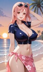 ai_generated big_sister breasts cleavage cosplay crop_top crossover female female_only honoka_(doa) huge_breasts midriff navel nico_robin nico_robin_(cosplay) no_bra no_panties no_underwear one_piece onee-chan pink_hair pixai red_eyes sarong side_ponytail silf solo sunglasses sunglasses_on_head tagme