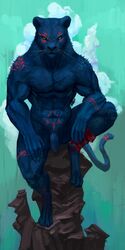 2016 abs absurd_res anthro athletic athletic_male blue_body claws digital_media_(artwork) digitigrade felid flaccid genitals green_eyes hi_res humanoid_genitalia humanoid_penis looking_at_viewer male male_only mammal neungsonie nipples nude pantherine penis rock scar simple_background sitting solo tattoo