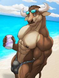 abs anthro areola beach beverage_can biceps body_hair bovid bovine bulge cattle cloud deltoids forearm_muscles happy_trail hi_res looking_at_viewer male mammal muscular muscular_anthro muscular_male nipples obliques pecs quads sand smile solo standing tear_trough trapezius triceps v-cut vein veiny_muscles water zwolf