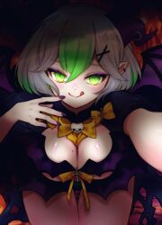 1girls :p bent_over big_breasts blush bra breasts cape cleavage cross eyeshadow female female_only froot glowing_eyes green_eyes green_hair grey_hair hairclip halloween horn_piercing horns indie_virtual_youtuber labi555 large_breasts leaning_forward looking_at_viewer mole mole_on_breast multicolored_hair nail_polish painted_nails pale-skinned_female pale_skin panties pointy_ears purple_eyeshadow purple_nails reaching_towards_viewer revealing_clothes ribbon ribbons seductive seductive_look seductive_smile short_hair skimpy skimpy_clothes smile solo thigh_gap thighs tongue tongue_out virtual_youtuber vtuber wide_hips wings