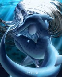 1girls areola areolae artist_name blue_body blue_skin breasts choker duplicate ezium fins gills gills_on_chest gray_body grey_body grey_skin higher_resolution_available inferior_version lips long_hair monster_girl naked nipple nipples nude shark_girl shark_tail solo tagme tail underwater violet_(ezium) white_hair