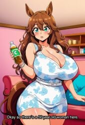 ai_generated big_hair blue_eyes breasts_bigger_than_head brown_hair cleavage dress drink english_text female giant_breasts holding_bottle horse_girls horsegirl large_breasts long_hair looking_at_viewer looking_surprised majorfluffy maruzensky_(umamusume) meme tight_lcothing umamusume umamusume_pretty_derby waist_belt