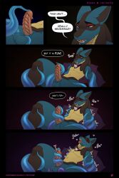 2:3 absurd_res anthro balls blue_body blue_fur bodily_fluids comic comic_panel dialogue english_text erection femboy fur gay gay_male generation_4_pokemon genital_fluids genitals handjob hi_res homosexual homosexual_male lucario male/male male_only male_penetrating multi_panel nintendo nonbinary_(lore) nootkep nude open_mouth penis pokemon pokemon_(species) solo speech_bubble tentacle text