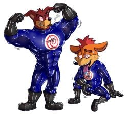 2022 2boys anthro bandicoot bara bodysuit bulge crash_(series) crash_bandicoot crash_bandicoot_2:_n-tranced crunch_bandicoot fiztheancient gay hypnosis latex male male_only marsupial muscular trance transparent_background yaoi