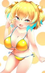 :3 :d bikini blue_nails blush bombergirl curvy cute fang gesture huge_breasts looking_at_viewer mesugaki pine_(bombergirl) round_breasts thick_thighs wide_hips