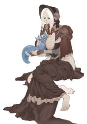 1girls barefoot between_breasts big_breasts bloodborne blue_eyes blush bonnet cleavage doll_joints feet female female_focus fromsoftware full_body great_one hunter_(bloodborne) lolita_fashion pale-skinned_female pale_skin plain_doll sitting solo_focus tentacle victorian white_hair