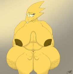 alphys anthro areola belly big_breasts black_and_yellow breasts cellulite deltarune eyelashes eyewear female freckled_breasts freckled_chest freckled_face freckled_legs freckled_shoulders freckled_thighs freckles glasses hi_res kishukikin_(artist) long_eyelashes monochrome nervous nipple_dip overweight overweight_anthro overweight_female scalie shy sitting slightly_chubby solo thick_thighs undertale_(series) yellow_body