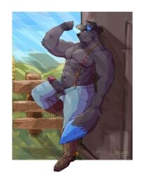 abs anthro aroused aroused_male balls barazoku bedroom_eyes biceps big_muscles big_pecs black_body black_clothing black_fur black_hat black_headwear black_nose blue_body blue_bottomwear blue_clothing blue_eyes blue_fur blue_jeans blue_pants blue_sky bodily_fluids boots border bottomwear brown_boots brown_clothing brown_footwear canid canine canis clothed clothing cocky cocky_grin cowboy cowboy_boots cowboy_hat cowboy_outfit denim denim_bottomwear denim_clothing domestic_dog dripping erection farm farm_hand farmer fence flexing flexing_bicep flexing_muscles flirting flirting_look flirting_with_viewer footwear forest fur genital_fluids genitals grass grin grinning_at_viewer hat headgear headwear hi_res jeans leaking_precum leaning leaning_backward leaning_on_wall looking_at_viewer male mammal manly multicolored_body multicolored_fur muscular muscular_anthro muscular_arms muscular_male muscular_thighs narrowed_eyes nature nature_background nipples open_bottomwear open_clothing open_pants outside pants pecs penis penis_poking_out plant pose precum precum_drip precum_on_own_penis precum_on_penis presenting presenting_balls presenting_penis ranch ranch_hand rancher reznozada seducing_viewer seductive shoes showing_off_muscles sky smile smiling_at_viewer smirk smirking_at_viewer solo spurs standing suspenders tail thick_arms thick_thighs topless topless_anthro topless_male tree two_tone_body two_tone_fur unbuttoned unbuttoned_bottomwear unbuttoned_pants white_border