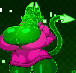 1girls animated anthro barely_contained big_breasts binary_code bouncing_breasts breasts breasts_bigger_than_head bursting_breasts cat_girl checkered_background cleavage cleavage_overflow dipstick_ears dipstick_tail feline female female_only furry gif green_body head_tuft hourglass_figure huge_breasts jacket jiggle jiggling_breasts leirnabs neck_tuft oc open_jacket original original_character pixel_art py_(codedb00b1es) raised_tail smile solo tail thick_thighs tweening zipper zipper_down