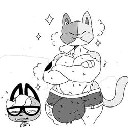 2020 ambiguous_gender animal_crossing anthro big_bulge bodily_fluids bulge calico_cat clothed clothing domestic_cat epic_games eyewear felid feline felis fortnite glasses huge_bulge male male_focus male_only mammal meowscles_(fortnite) monochrome mottled muscular muscular_male nintendo piebald pubes raymond_(animal_crossing) sailewder sparkles sweat topless underwear underwear_only video_games