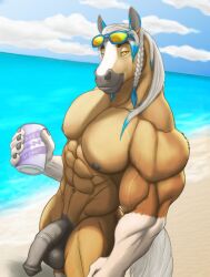 abs animal_genitalia animal_penis anthro areola beach beverage_can biceps body_hair cloud deltoids equid equine equine_genitalia equine_penis forearm_muscles genitals half-erect happy_trail hi_res horse looking_at_viewer male mammal muscular muscular_anthro muscular_male nipples nude obliques pecs penis quads sand smile solo standing trapezius triceps v-cut water zwolf