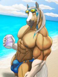 anthro areola beach beverage_can biceps body_hair bulge cloud deltoids equid equine forearm_muscles happy_trail hi_res horse looking_at_viewer male mammal muscular muscular_anthro obliques pecs quads sand smile solo standing trapezius triceps v-cut water zwolf