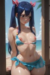 1girls ai_generated beach bikini_top_aside blush cameltoe dark_blue_hair fairy_tail female female_only flat_chest hair_ribbon hair_tie micro_bikini nipples_exposed ocean palm_leaf petite petite_female pleated_skirt rgomez007 sarong side-tie_bikini_bottom sky slender_body small_breasts solo solo_female stable_diffusion thick_thighs twintails wendy_marvell wide_hips