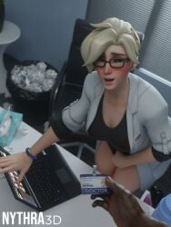 3d angela_ziegler blender blonde blonde_female blonde_hair blush blushing caught caught_in_the_act caught_masturbating dark-skinned_male doctor dr._ziegler embarrassed embarrassed_female id_card interracial mercy nythra3d overwatch overwatch_2