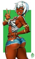 artista_leal female ass dark-skinned_female 1girls white_hair short_hair blue_eyes jewelry stret stretch_marks denim_shorts hotpants thong crop_top elena_(street_fighter) street_fighter capcom