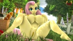 3d absurd_res anthro anthrofied basket big_breasts bread breasts equid equine female fluttershy_(mlp) food friendship_is_magic fur furry furry_only genitals hi_res huge_breasts loveslove mammal my_little_pony nude outside picnic_basket pterippus pussy solo spread_legs spreading straight_hair wings