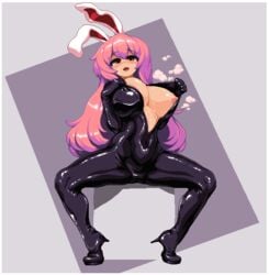 2d blush bodysuit latex long_hair pixel_art presenting purple_hair rabbit_ears rabbit_girl red_eyes reisen_udongein_inaba skin_tight sweat takorin touhou wet