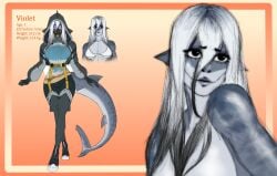 1girls breasts duplicate ezium gray_body grey_body grey_skin higher_resolution_available inferior_version lips long_hair monster_girl shark_ears shark_girl shark_tail shiny_skin solo tail violet_(ezium) white_hair