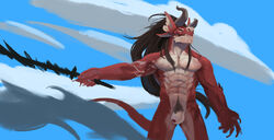 abs anthro digital_media_(artwork) dragon flaccid genitals hair hi_res holding_object holding_weapon horn humanoid_genitalia humanoid_penis long_hair male male_only markings melee_weapon muscular muscular_male neungsonie nude penis scalie simple_background solo unfinished weapon